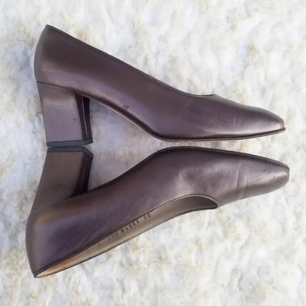 Brown Ferragamo Heels Size 6 Classic Leather Pumps Italian Shoes VTG 80s - Picture 11 of 12